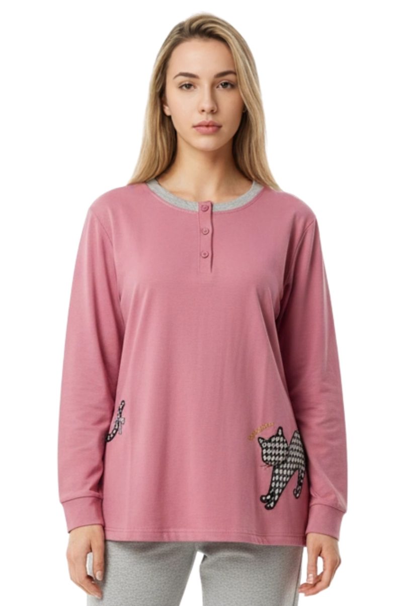 Λεπτές Γυναικείες Πυτζάμες Σάπιο Μήλο με Σχέδιο Γατούλα 1942