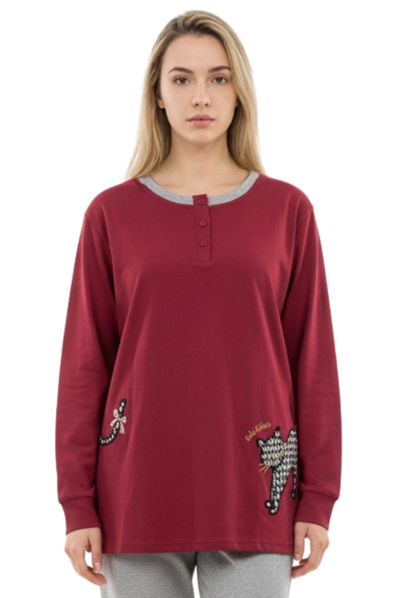 Λεπτές Γυναικείες Πυτζάμες Μπορντό με Σχέδιο Γατούλα 1942