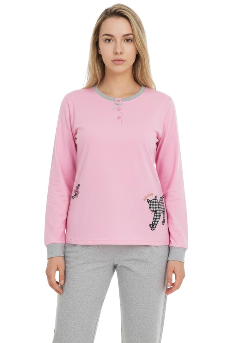 Λεπτές Γυναικείες Πυτζάμες Ροζ με Σχέδιο Γατούλα 1942