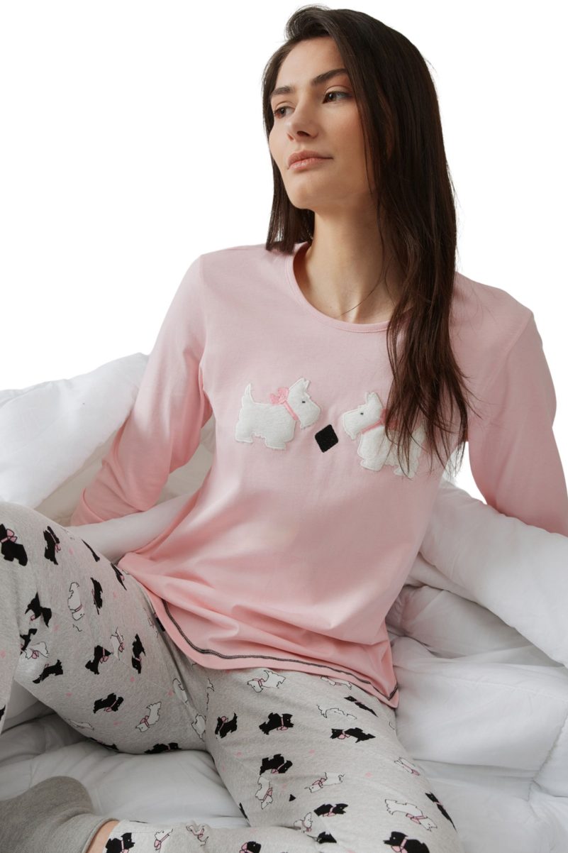 Γυναικείες Πυτζάμες Minerva Με Εμπριμέ Παντελόνι Με Σκυλάκια Ροζ 52605-322