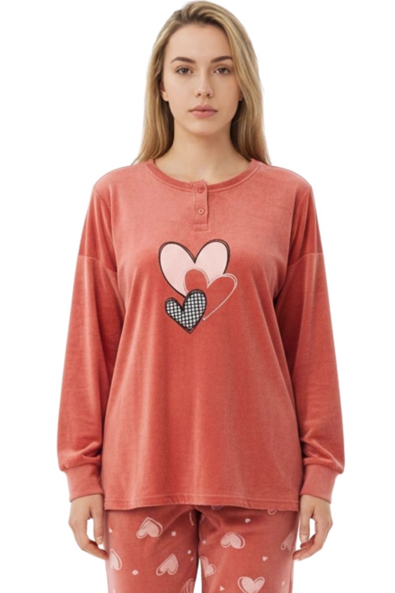 Lovelx Γυναικείες Βελουτέ Πυτζάμες με Καρδιές – Ροζ/Σομόν B-10