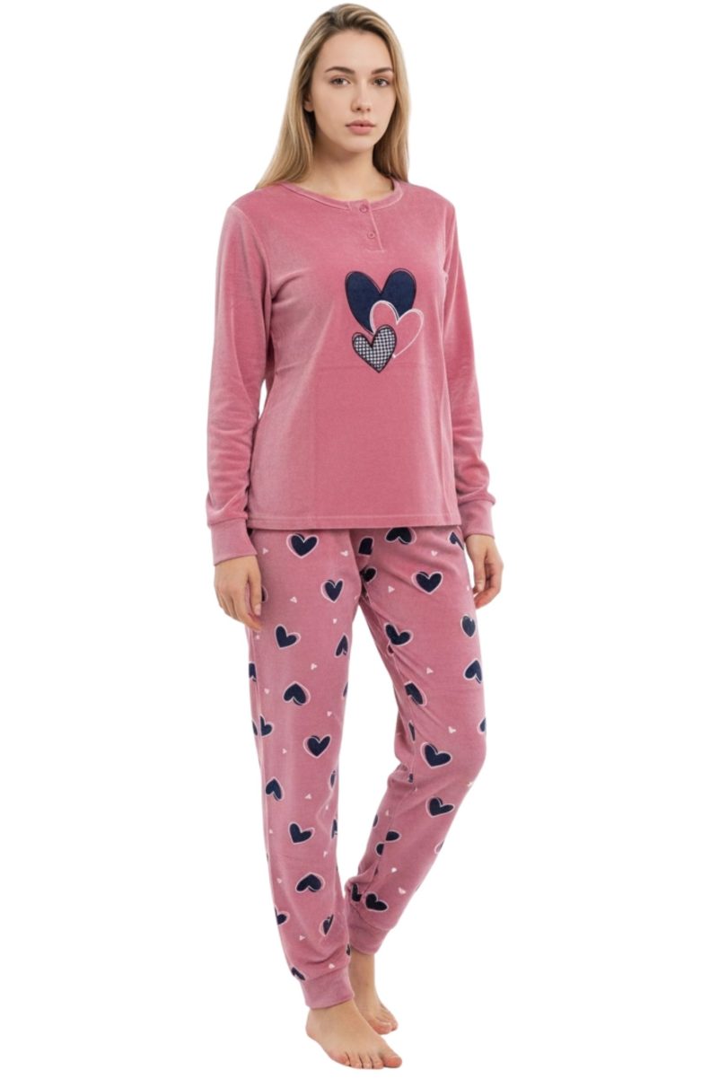 Γυναικείες Βελουτέ Πυτζάμες Lovelx με Σχέδιο Καρδιές Σάπιο Μήλο B-10
