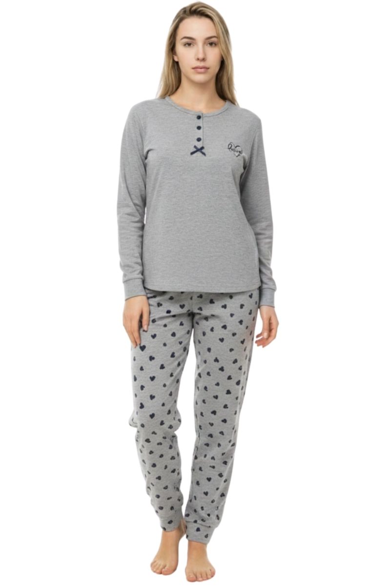 Γυναικείες Πυτζάμες Lovelx Γκρι – Ζεστό Σετ Φούτερ με Σχέδιο Καρδιές & Λάστιχο 5776