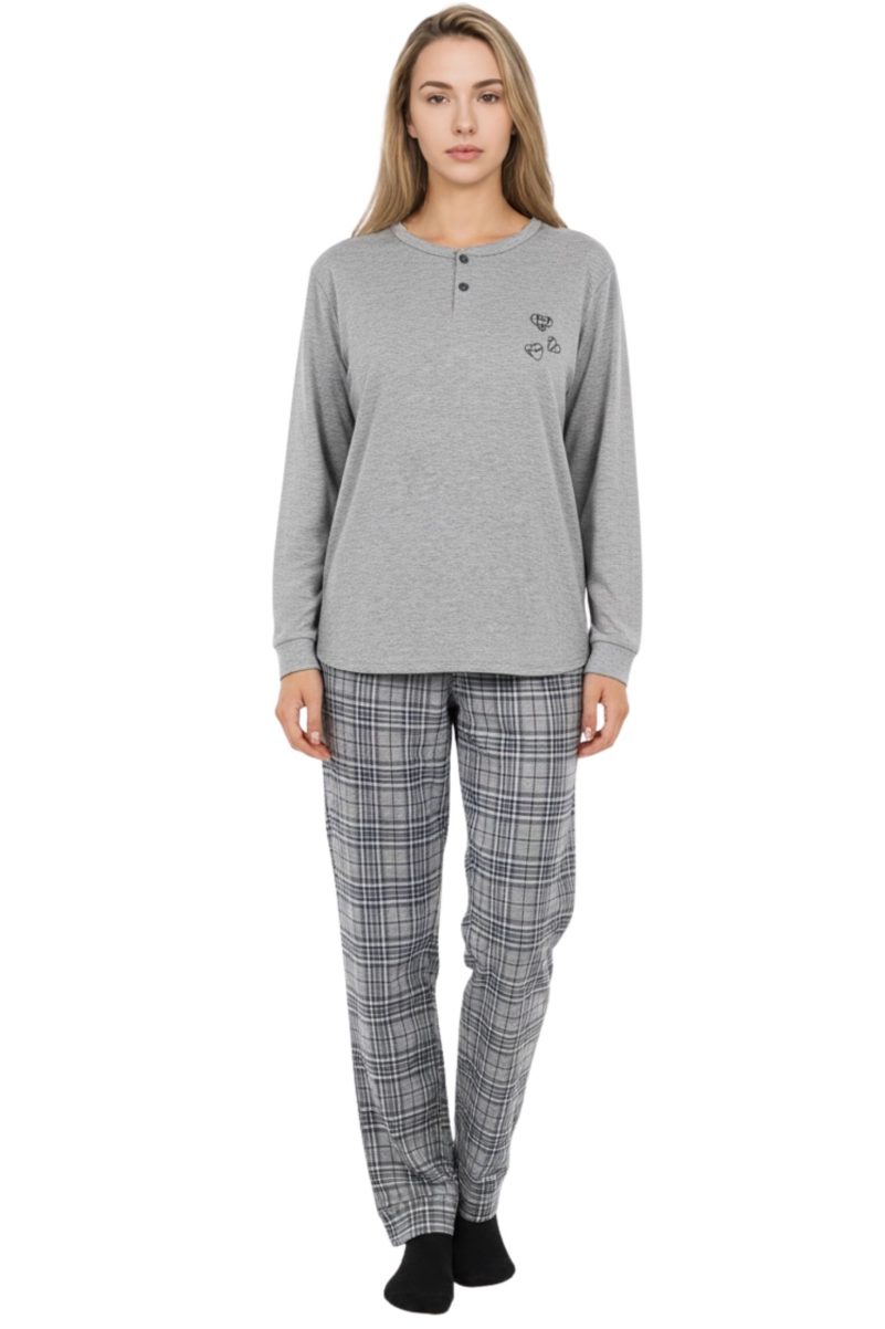 Γυναικείες Πυτζάμες Lovelx Γκρι – Βαμβακερό Σετ Φούτερ με Καρό Παντελόνι 5835